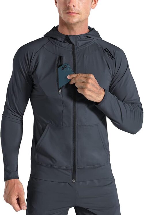 BROKIG Leichte Hoodie Herren,Schnelltrocknende Laufjacke Atmungsaktives Kapuzenpullover Trainingsjacke mit Reißverschluss