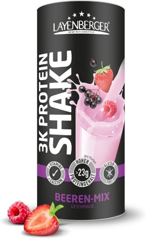 Layenberger 3K Protein Shake – 78 % Eiweiß und nur 4,4 % Kohlenhydrate bei nur 9 g Zucker, (1x 360 g) – Beeren-Mix