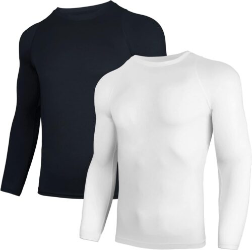 AMZSPORT Herren 2er Pack Kompressionsshirt Langarm Funktionsshirt Schnelltrocknendes Laufshirt Atmungsaktiv Sportshirt für Männer