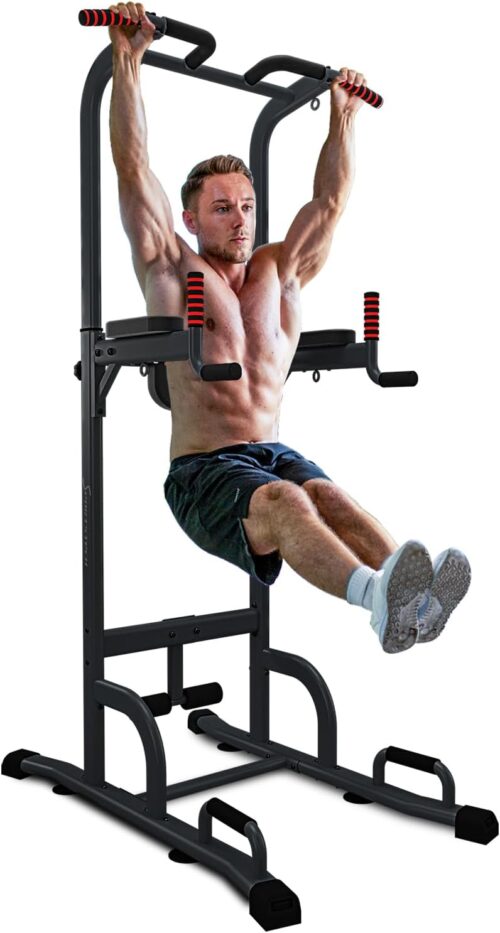 Sportstech 7in1 Power Tower PT300 als Dip Station & Kraftturm, multifunktionale Kraftstation für Zuhause mit Klimmzugstange, Liegestützgriffe und 4 Ösen für TRX, Ropes & Schlingen, Sit-Ups, in schwarz