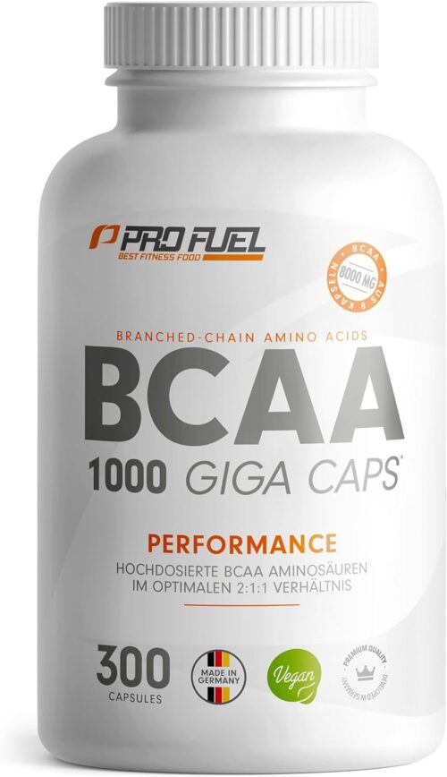 BCAA 1000 Giga Caps – hochdosiert mit 8000mg BCAA – 300x BCAA-Kapseln mit je 1000 mg BCAA im optimalen 2:1:1 Verhältnis – essentielle Aminosäuren Leucin, Isoleucin & Valin – laborgeprüft, 100% vegan