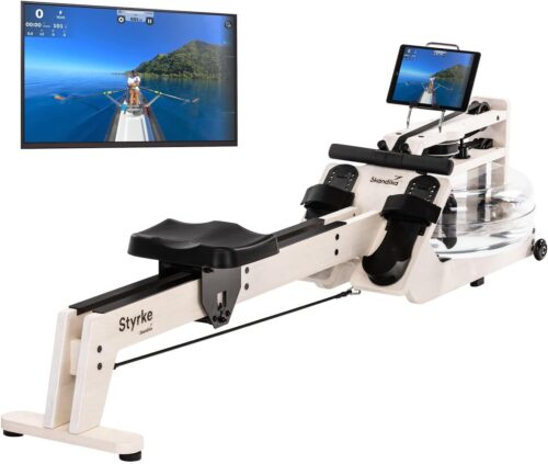 Skandika Wasserrudergerät Styrke Premium | Made in Germany, Rudergerät Wasser aus Holz, Kinomap App-Funktion, Rudermaschine für Zuhause, Massive Esche aus Deutschland, naturnahes Rudern, bis 180 kg