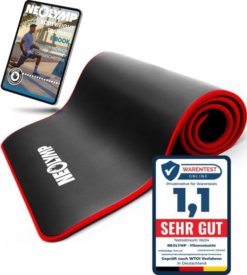 NEOLYMP extra dicke und rutschfeste Fitnessmatte mit Fitness E-Book und Tragegurt – Pilatesmatte, Yoga Matte, Sportmatte, Gymnastikmatte, Trainingsmatte