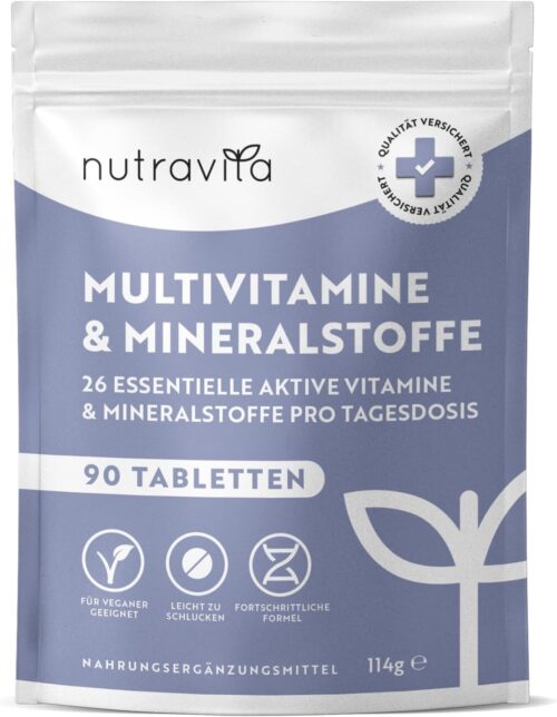 Multivitamin Hochdosiert – 90 vegane Tabletten – 26 wertvolle A-Z Vitamine und Mineralien – Multi Vitamin Komplex – Unterstützt das Immunsystem – laborgeprüft und ohne Zusätze – Nutravita