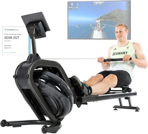 Skandika Wasserrudergerät Nemo IV | Wasser Rudergerät für Zuhause in Studio Qualität durch TÜV Süd geprüft, Kinomap, Tablet Halterung, aufstellbar | Rudermaschine mit Wasserwiderstand