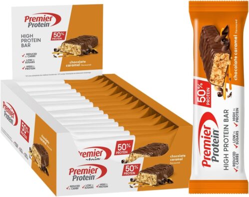 Premier Protein – High Protein Bar 50% – Chocolate Caramel – 16x40g – Low Sugar – Low Carb – palmölfrei