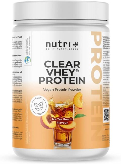 Nutri + Clear Vhey – Clear Vegan Protein Pulver Pfirsich Eistee – erfrischendes, veganes Eiweißpulver ohne Soja, Whey, Laktose, Zucker – Ice Tea Peach 400 g Proteinpulver