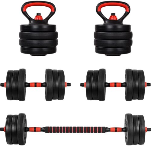 MOVIT Hanteln Set – 6in1, 20/30kg, XXL, Verstellbar, Kunststoff, Push Up Griffe, Schwarz und Rot/Orange – Dumbbell Set, Hantel Gewichte, Verstellbare Kurzhanteln, Kettlebell, Hantelset für Zuhause