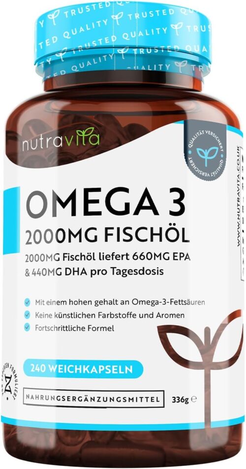 Omega 3 Kapseln hochdosiert 240-2000mg Fischöl Kapseln mit 660mg EPA & 440mg DHA pro Portion – Omega 3 Öl, Reines Fischöl aus nachhaltiger Fischerei – Geprüft/Zertifiziert in Deutschland – Nutravita