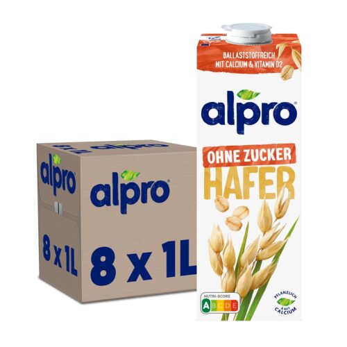 Alpro Haferdrink ohne Zucker – Milchalternative auf Haferbasis – Vegan und laktosefrei – Reich an Ballaststoffen, Calcium und Vitaminen – 8 x 1 L