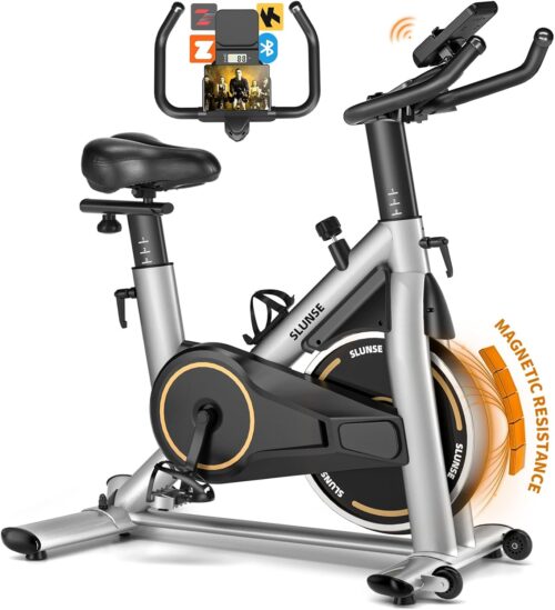 SLUNSE Heimtrainer Fahrrad mit APP, SLUNSE Leises Hometrainer Ergometer mit LCD-Monitor, Magnetisch/Reibung Spinning Bike Indoor mit Verstellbarem Widerstand, Fitnessbike für Kardio-Training zu Hause