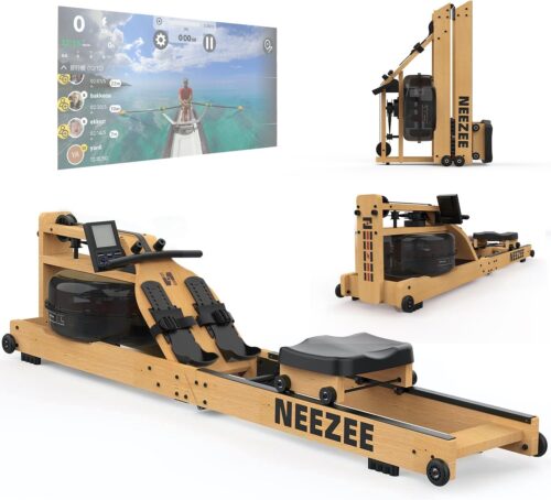 Neezee Wasser Rudergerät für Zuhause, Klappbar Rudergerät aus Massivholz, Rudermaschine mit Bluetooth Anzeige und Tablet-Halterung, Max 200kg Belastbar, Kompatibel mit Kinomap APP
