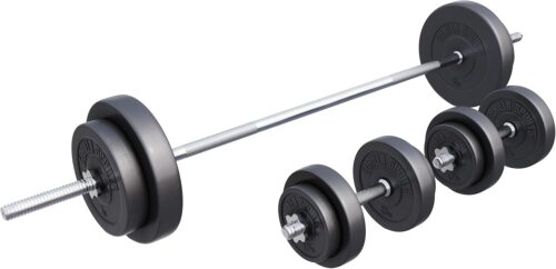 GORILLA SPORTS® Langhantel Set – 60kg, 100kg oder 130kg, Langhantelstange 170cm, 2 Kurzhanteln, Hantelscheiben aus Kunststoff, 30mm, mit Sternverschlüssen – Hantelset, Langhanteln, Gewichten, Fitness