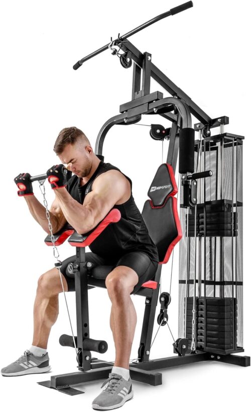 Hop-Sport Kraftstation HS-1044K für Zuhause – multifunktionale Fitnesstation mit Seil- und Latzug & Curlpult & Butterfly, inkl. 66 kg Gewichtsblock
