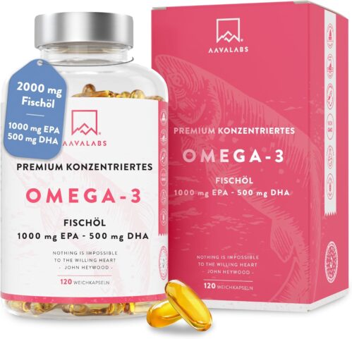 Omega 3 Kapseln Hochdosiert 2000mg Omega 3 Öl 1000mg EPA + 500mg DHA pro Tagesdosis (2 Premium Omega 3 Fischöl Kapseln) – Omega-3-Fettsäuren Kapseln – 120 Kapseln Fischöl Omega 3 Hochdosiert 60 Tage
