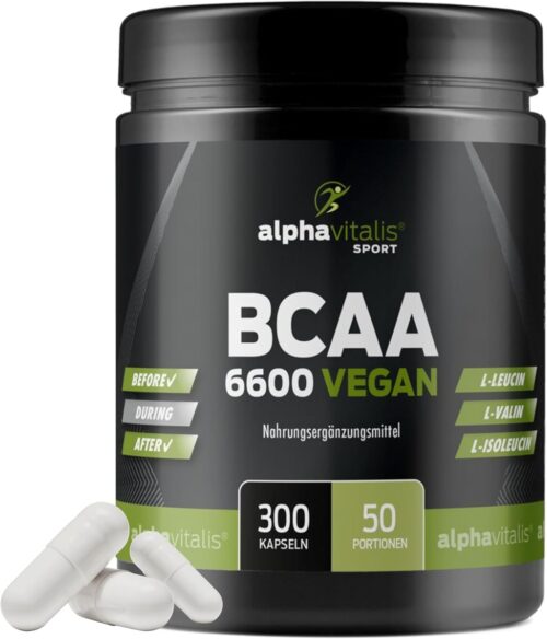 BCAA Kapseln optimal dosiert 300 Stk. – 1100 mg essentielle Aminosäuren + Vitamin B6 pro Stück – vegan, fermentiert und ohne Magnesiumstearat – L-Leucin, L-Valin, L-Isoleucin für Sportler