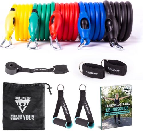 PULLUP & DIP Widerstandsbänder Set, Fitnessbänder Resistance Bands mit Griffen, Türanker, Fußschlaufen + Tragetasche (11-teilig), Tube Bänder, Expander Tubes, Fitnessband, Widerstandsband