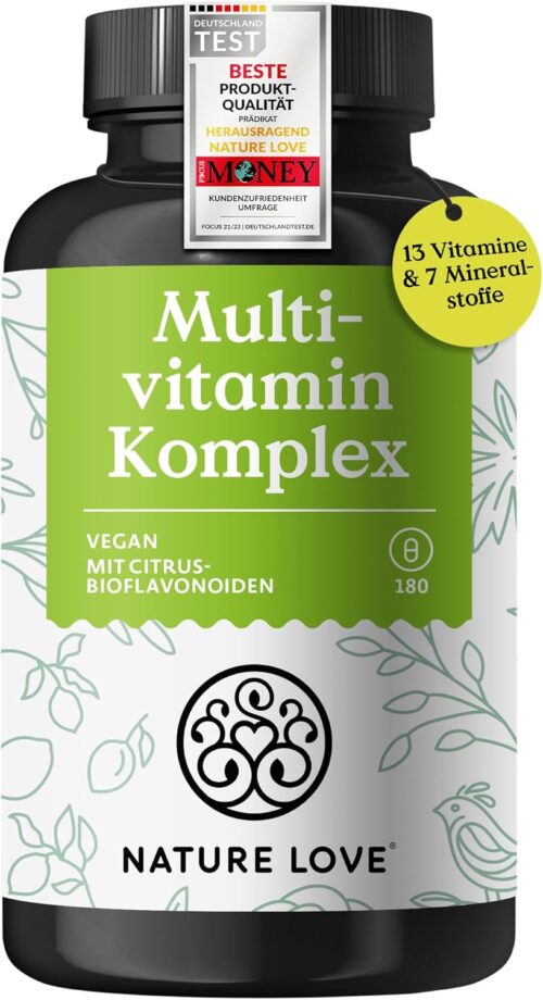 Multivitamin Komplex – 180 vegane Kapseln – Vitamine A-Z & Mineralstoffe – mit Grünteeextrakt und Citrus-Bioflavonoiden – hochdosiert und mit Bioaktiv-Formen – laborgeprüft, ohne unnötige Zusätze