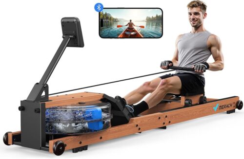 MERACH Wasser Rudergerät Holz Klappbar, Gummibaummaterial & komfortabler Sitz, mit exklusiver APP mit interaktiven Karten Spiel, immersives Rudererlebnis, MAX 180 KG, Ideal für Heimfitness