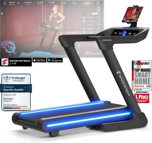 Sportstech Profi Laufband klappbar für Zuhause | Deutsche Qualitätsmarke | sTread Lite bis 20 km/h mit APP | große Lauffläche mit 17% Incline bis 150 kg | LED & Tabletholder | Fitness Treadmill