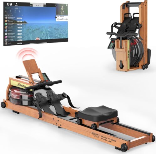 JOROTO Rudergerät für Zuhause aus Eiche, Rudergerät Wasser klappbar mit Bluetooth Display &30 Tage kostenlose Kinomap-Mitgliedschaft，Rudermaschine mit Verstellbarer Tablethalterung 150kg belastbar