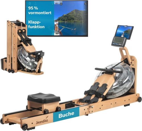 Skandika Wasserrudergerät Nytta | 45° Tank, Holz Rudergerät für Zuhause, klappbar, Kinomap App kompatibel | Holzrudergerät mit Wasserwiderstand