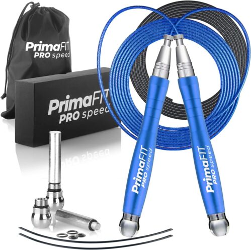PrimaFIT Springseil Erwachsene Fitness Pro Speed Jump Rope 3m Seilspringen Verstellbar Mit Gewichten, 2 Kugellager & Anti-Rutsch Griffe, Profi Skipping Für Boxen, MMA, Crossfit, Extra Stahlseil,Tasche