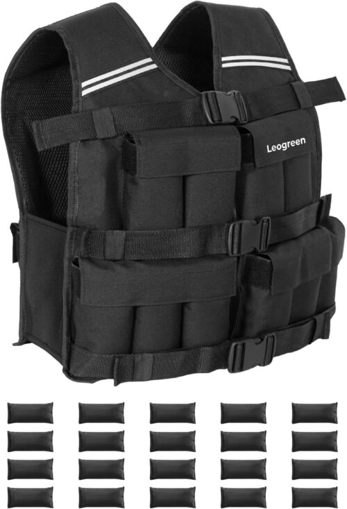 Leogreen Gewichtsweste 10kg/20kg, Verstellbare Trainingsweste mit 20 Herausnehmbare Gewichtspackungen, Reflektierenden Streifen, Weight Vest Damen & Herren für Laufen, Krafttraining