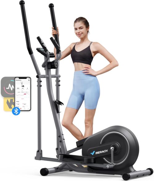 MERACH Crosstrainer für Zuhause, Ultraleise Elliptical Crosstrainer mit 16-stufiger Magnetwiderstand, Kardio Ellipsentrainer mit Pulssensor, LCD-Monitor, Tablet-Ständer, Leicht zu bewegen,bis zu 120KG