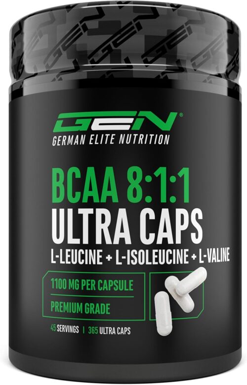 BCAA Ultra Caps – 365 Kapseln mit hochdosierten 1100 mg pro Kapsel – Optimales 8:1:1 Verhältnis – Leucin, L-Isoleucin, L-Valin – Verzweigtkettige essentielle Aminosäuren