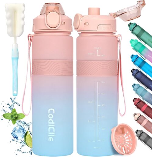 CodiCile Trinkflasche, BPA-frei, 1 Liter Trinkflasche Sport Auslaufsichere, Große Wasserflasche 1L Ideal für Fitnessstudio, Schule, Büro und Reisen (Pink Blau)