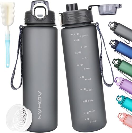 AOHAN Trinkflasche 1l, Wasserflasche BPA Frei, Sport Trinkflasche Auslaufsicher Motivierende Sportflasche Mit Filter für Fahrrad, Fitness, Wandern und Schule