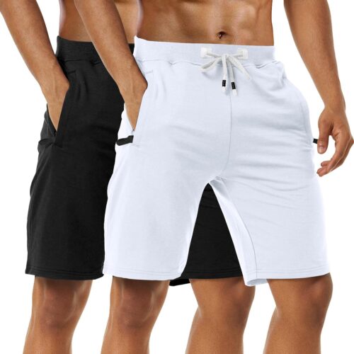 Kurze Hosen Herren – Sporthose Herren Kurz, Laufshorts Männer Sommer Baumwolle Kurze Jogginghose Fitnesshose Shorts Herren Sport Shorts Trainingshose Running Shorts Mit Reißverschlusstasch, 2er-Pack