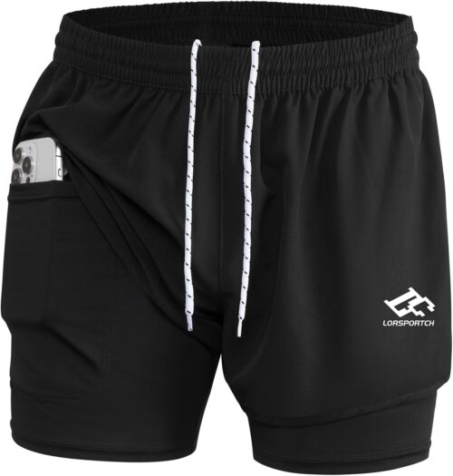 LORSPORTCH Herren Laufshorts 2 in 1 Shorts Gym Athletic Shorts Outdoor Marathon Workout Trainingsshorts Mit Eingebaut Taschen