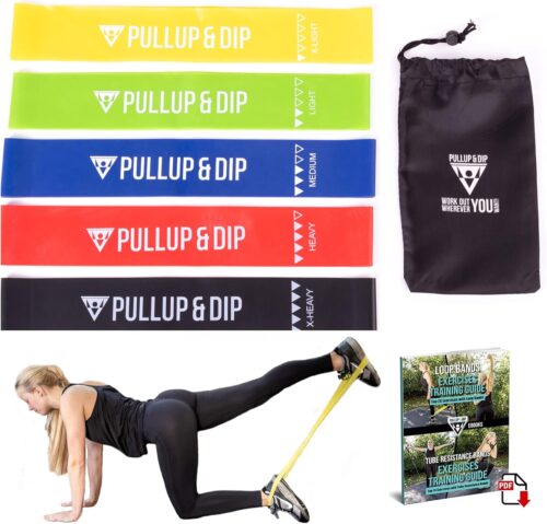 PULLUP & DIP Loop Bänder, Fitnessbänder 5er Set + Tragetasche, Widerstandsbänder aus Naturlatex, Mini Bands, Gymnastikband, Loop Band für Muskelaufbau, Yoga, Gymnastik, Pilates