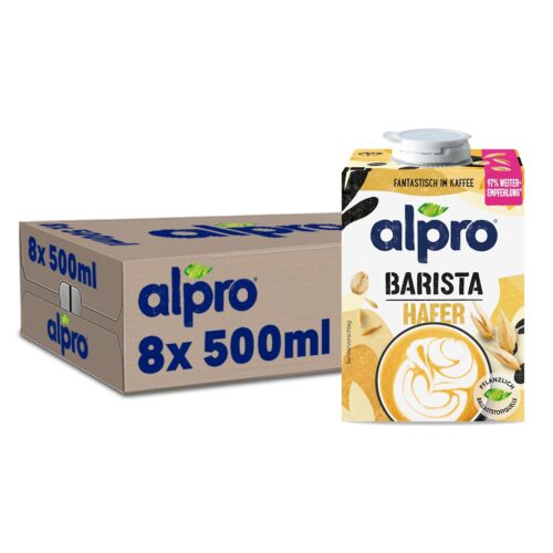 Alpro Barista Haferdrink – Zum Aufschäumen – Vegan und milchfrei – Von Natur aus laktosefrei – Reich an Ballaststoffen, Calcium und Vitaminen – 8 x 500 ml