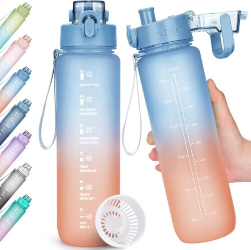 AOHAN Trinkflasche, 1l Wasserflasche BPA-Frei, Trinkflasche Sport Auslaufsicher, Sportflasche mit Zeitmarkierung für Fitness, Büro, Schule, Yoga, Outdoor