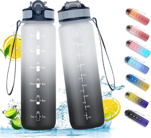NAVTUE Trinkflasche, 1l Wasserflasche mit Strohhalm, BPA-frei, Zeitmarkierungen, Auslaufsicher Sport trinkflasche für Fitness, Radfahren, Büro, Laufen, Fitnessstudio, Yoga (SchwarzGrau)