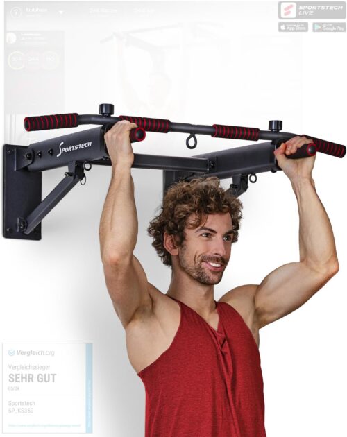 Sportstech 4in1 Klimmzugstange Wand, Indoor Klimmzugstange für Wandmontage, Rutschfeste Griffe, Deutsche Qualitätsmarke, klappbar, 3 Multifunktionsösen, sicher & stabil, Pull Up Bar für zuhause, KS350