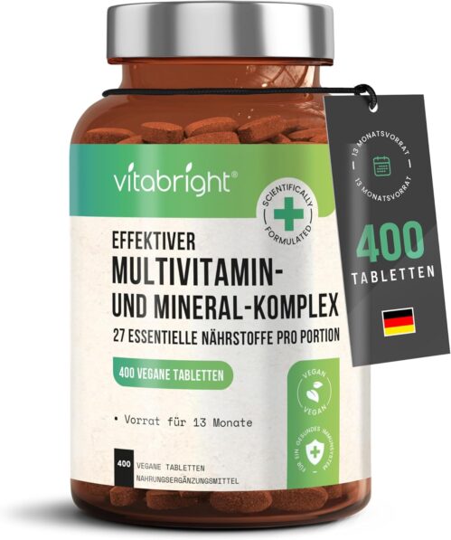Multivitamin Tabletten Hochdosiert 400, 13 Monate Vitamine, Mineralien & Ergänzungsmittel A-Z vitamine und mineralstoffe, Nahrungsergänzungsmittel Frauen/Männer, VitaBright Vegan Multivitamin Komplex