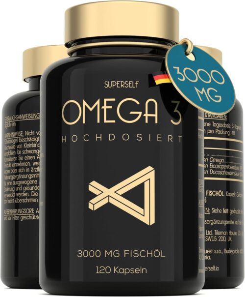 Omega 3 Kapseln Hochdosiert 3000mg – Premium Fischöl 120 Kapseln – Dreifache Wirkung – Hoher DHA & EPA Gehalt – Reines Omega 3 Öl aus Nachhaltigem Fischfang – Laborgeprüftes Fischöl Ohne Zusätze