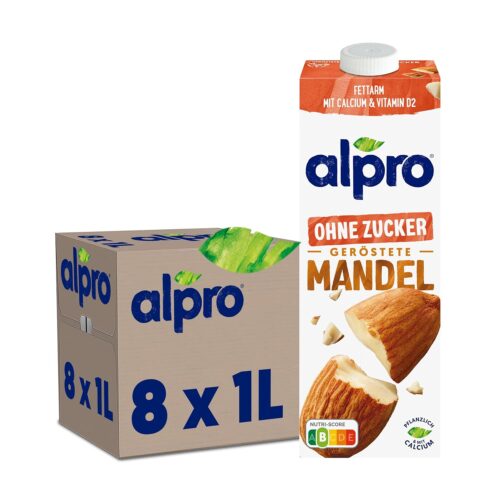 Alpro Mandeldrink Ohne Zucker – Quelle von Calcium und Vitaminen – Zuckerfrei, glutenfrei, fettarm, ohne Laktose, vegan und milchfrei – 8 x 1 L – Haltbar