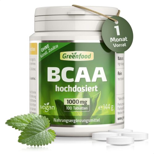 BCAA Kapseln hochdosiert – 1000 mg essentielle Aminosäuren pro Kapsel (100 vegane Kapseln) – Optimal für Muskelerhalt & Muskelaufbau, laborgeprüft, ohne künstliche Zusätze & Gentechnik – Greenfood