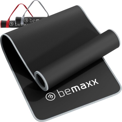 BeMaxx Fitnessmatte + Tragegurt – Sportmatte extra dick, Gymnastikmatte rutschfest, Turnmatte Trainingsmatte Yogamatte Pilatesmatte Gym Matte, Yoga Fitness Sport Gymnastik Workouts – 183x61cm, Schwarz