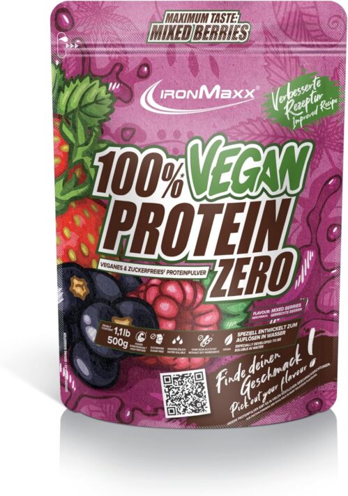 IronMaxx 100% Vegan Protein Zero – Mixed Berries 500g | zuckerfreies und proteinreiches Eiweißpulver aus 4 Komponenten | veganes Proteinpulver ohne Aspartam