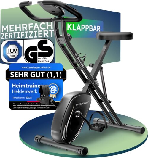 HELDENWERK Heimtrainer Fahrrad klappbar Set NEU 2025 – leise & bequem [FlexiFoam Komfort-Sattel] bis 150kg belastbar – Hometrainer Ergometer TÜV GS geprüft – Fitness-Bike für Zuhause, Home-Trainer Rad