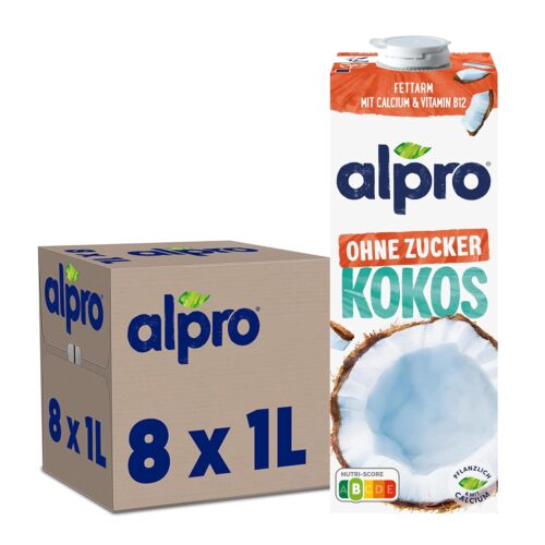 Alpro Kokosnussdrink ohne Zucker – Ohne Süßstoffe – Vegan und milchfrei – Von Natur aus laktosefrei und fettarm – Reich an Calcium und Vitaminen – 8 x 1 L