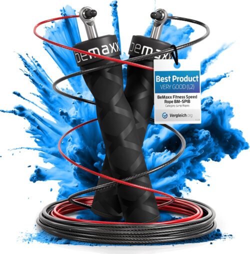 Springseil Speed Rope mit Trainings-eBook + Ersatzkabel | 2 verstellbare Stahlseile, Profi Kugellager, Anti-Rutsch Griffe | Workout, Profi Sport, Boxen, Training, RPM | Erwachsene Damen Herren