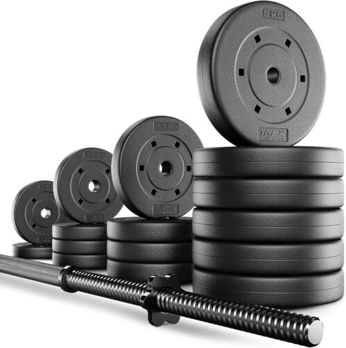 TREX SPORT Langhantel Set 55 kg | Hantelset mit Langhantelstange 180 cm und 16 Hantelscheiben